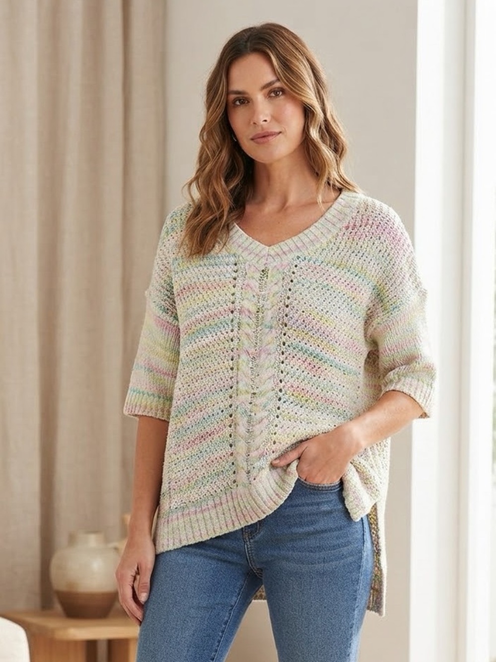 Pilcro Pastel Speckled Cable Knit Sweater